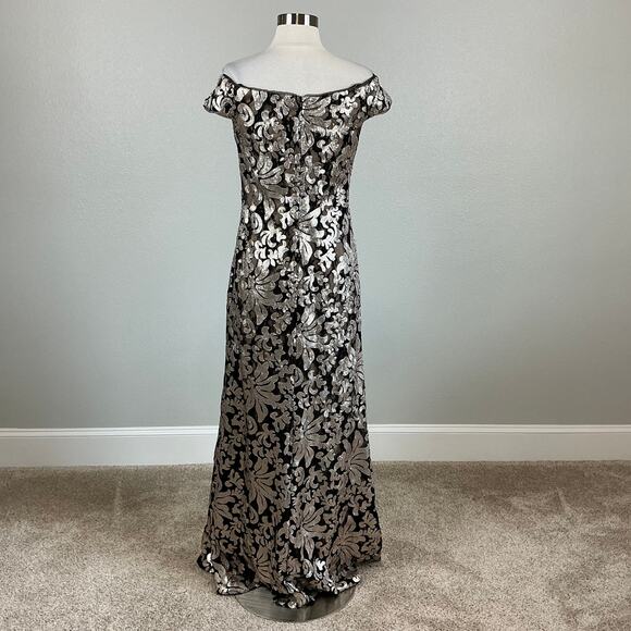 XSCAPE Sequined Off the Shoulder Evening Gown Black and Gold Size 6 Formal Dress - Picture 6 of 13